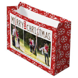Personalised Merry Christmas red snowflake photo Large Gift Bag