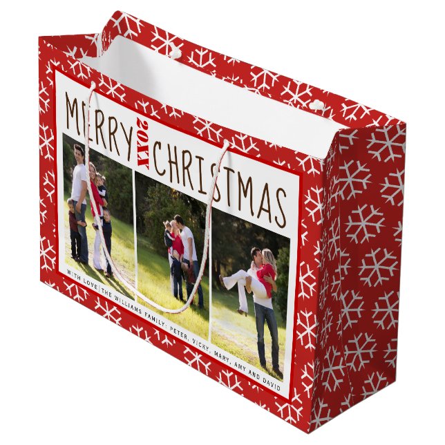 Personalised Merry Christmas red snowflake photo Large Gift Bag (Front Angled)