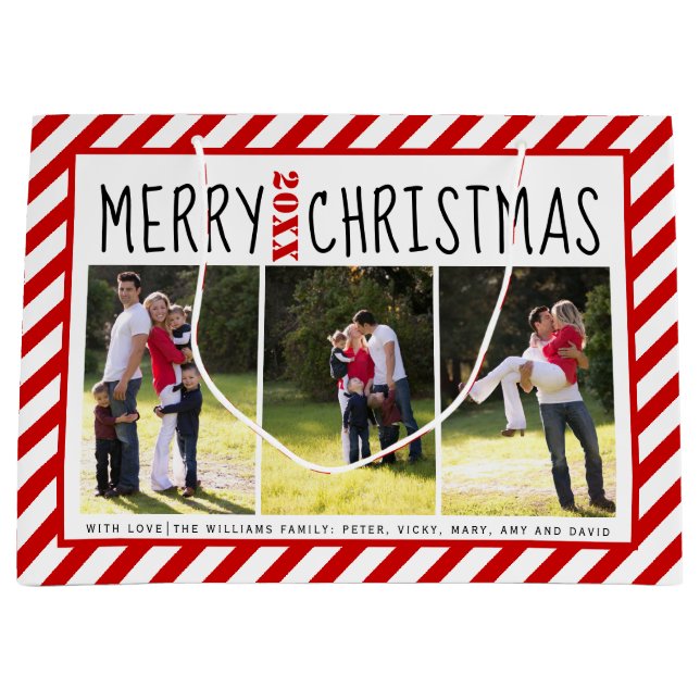 Personalised Merry Christmas red stripes photo Large Gift Bag (Front)