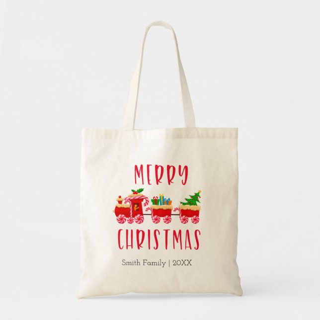 Personalised Merry Christmas Red Train Tote Bag (Front)
