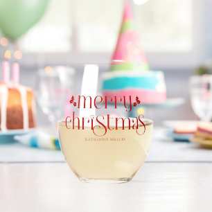 Personalised Merry Christmas Red Typography Stemless Wine Glass