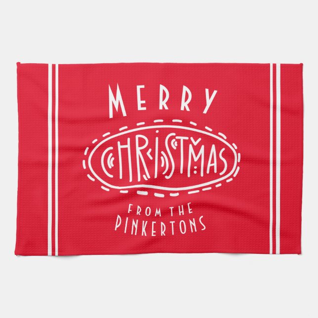 Personalised Merry Christmas red white Tea Towel (Horizontal)
