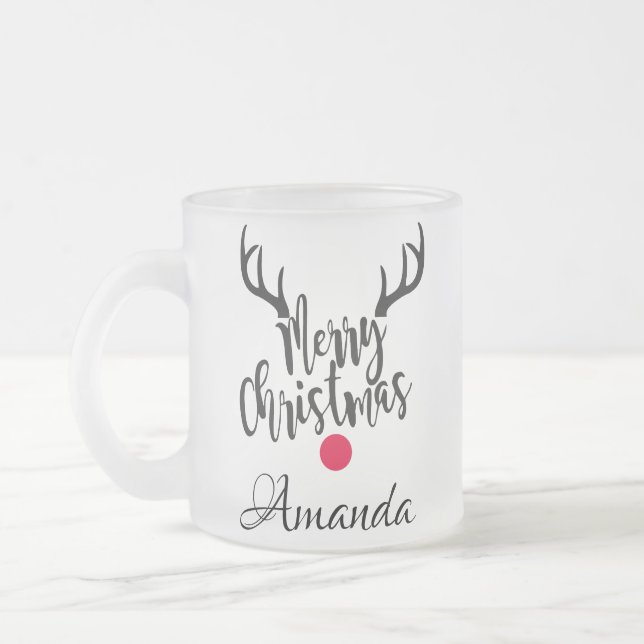 Personalised merry christmas reindeer  frosted glass coffee mug (Left)