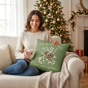 Personalised Merry Christmas Sage Green Botanical Cushion