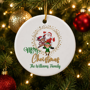 Personalised Merry Christmas Santa and Elves Ceramic Tree Decoration