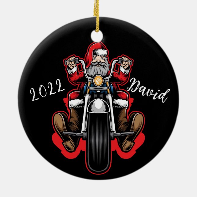 Personalised Merry Christmas Santa Biker Ceramic Tree Decoration (Back)