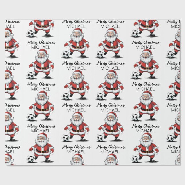 Personalised Merry Christmas Santa Claus Soccer    Wrapping Paper (Seam)