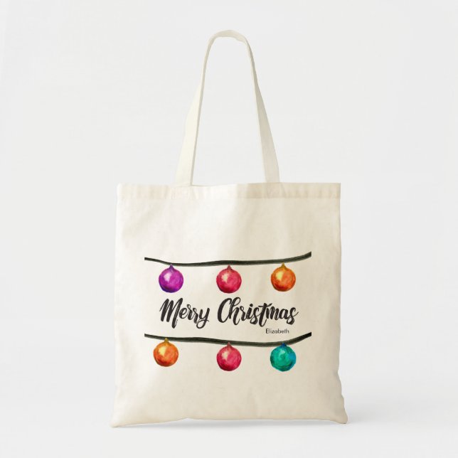 Personalised, Merry Christmas script Watercolor Tote Bag (Front)