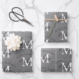 Personalised Merry Christmas Silver Monogram  Wrapping Paper Sheet