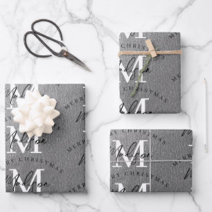Personalised Merry Christmas Silver Monogram Wrapping Paper Sheet