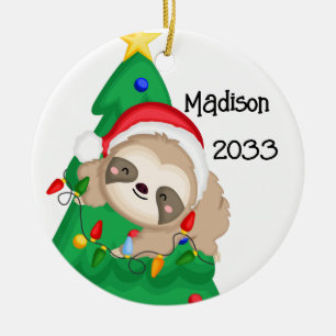Personalised Merry Christmas Sloth Tree Ceramic Tree Decoration