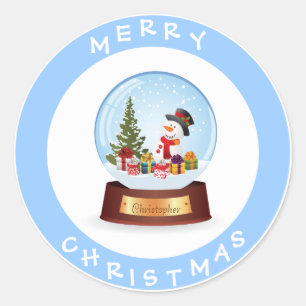 Personalised Merry Christmas Snowman Snowglobe Classic Round Sticker