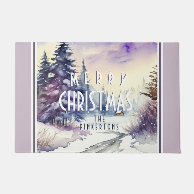 Personalised Merry Christmas snowy scene lilac Doormat (Front)