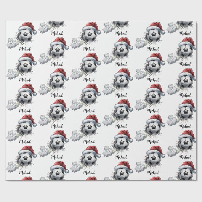 Personalised Merry Christmas Soccer Ball Santa     Wrapping Paper (Flat)