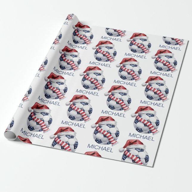 Personalised Merry Christmas Soccer Ball Santa     Wrapping Paper (Unrolled)