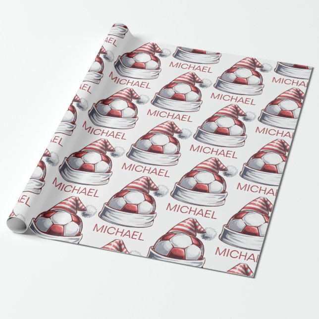 Personalised Merry Christmas Soccer Ball Santa     Wrapping Paper (Unrolled)