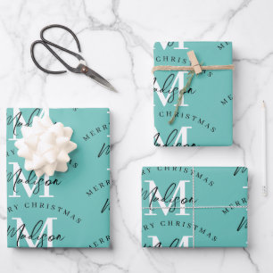Personalised Merry Christmas Teal Monogram Wrapping Paper Sheet