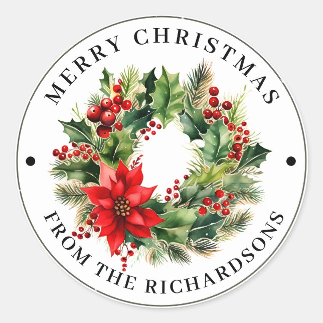 Personalised, Merry Christmas Traditional Wreath  Classic Round Sticker (Front)