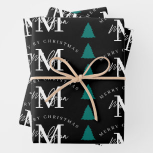 Personalised Merry Christmas Tree Black Monogram Wrapping Paper Sheet