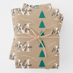 Personalised Merry Christmas Tree Kraft Monogram Wrapping Paper Sheet