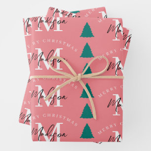 Personalised Merry Christmas Tree Pink Monogram Wrapping Paper Sheet