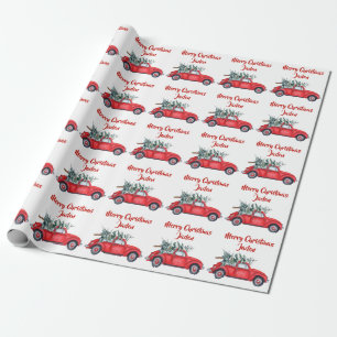 Personalised  Merry Christmas Tree Red Farm Truck Wrapping Paper