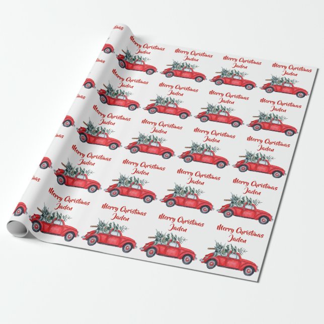 Personalised  Merry Christmas Tree Red Farm Truck Wrapping Paper (Unrolled)