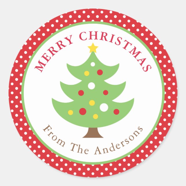 Personalised Merry Christmas Tree Round Sticker (Front)
