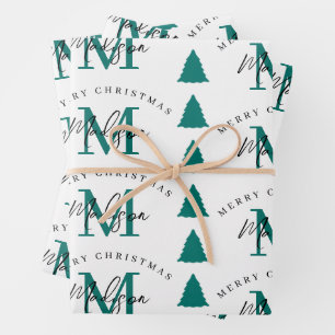 Personalised Merry Christmas Tree White Monogram Wrapping Paper Sheet