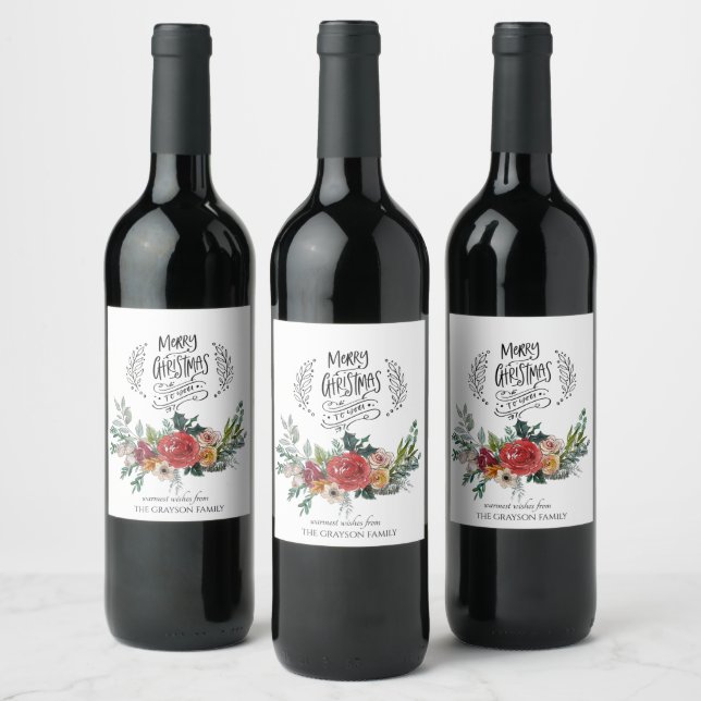 Personalised Merry Christmas Typography Floral Wine Label (Bottles)