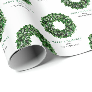 Personalised Merry Christmas Watercolor Wreath Wrapping Paper
