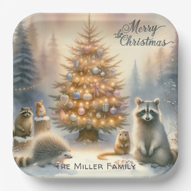 Personalised Merry Christmas Woodland Animals  Paper Plate (Front)