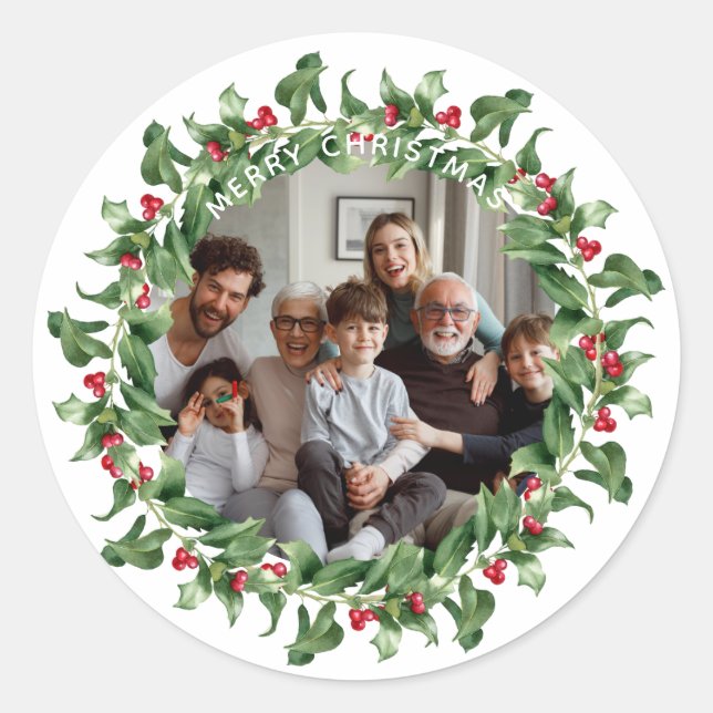 Personalised Merry Christmas Wreath Photo Classic Round Sticker (Front)