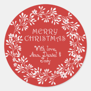 Personalised Merry Christmas Wreath Red and White Classic Round Sticker