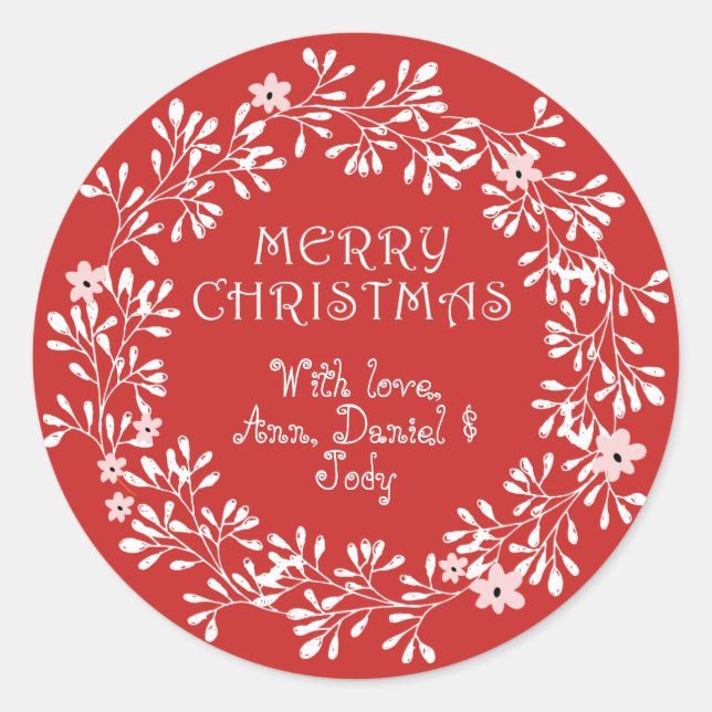 Personalised Merry Christmas Wreath Red and White Classic Round Sticker (Front)