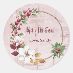 Personalised Merry Christmas Wreath Rose Gold  Classic Round Sticker