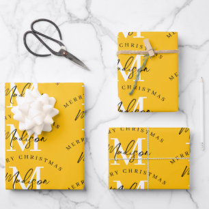Personalised Merry Christmas Yellow Monogram Wrapping Paper Sheet
