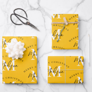 Personalised Merry Christmas Yellow Monogram Wrapping Paper Sheet