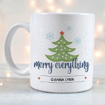 Personalised Merry Everything Evergreen Tree Coffee Mug<br><div class="desc">Spread the warmth of the holiday season with this unique coffee mug featuring elegant blue typography that says, “Merry Everything, ” an illustration of a simple evergreen tree topped with a star, delicate snowflakes, and a place to add your own customised text or name. This holiday mug features a universal...</div>