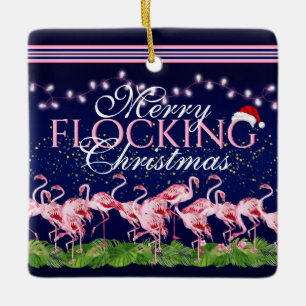 Personalised Merry Flocking Christmas Flamingo Ceramic Ornament