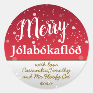 Personalised Merry Jólabókaflóð Red Family Classic Round Sticker