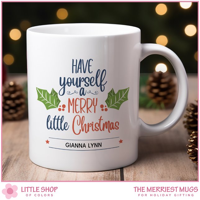 Personalised Merry Little Christmas Holly Leaf Coffee Mug (Creator Uploaded)