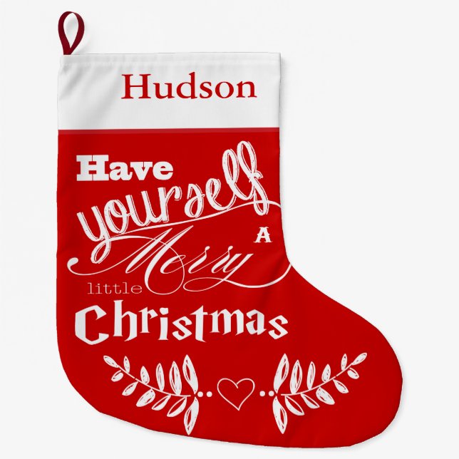 Personalised Merry Little Christmas Red White Large Christmas Stocking (Front)