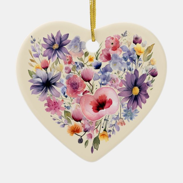 Personalised Message Colourful Floral Heart Gift  Ceramic Tree Decoration (Front)