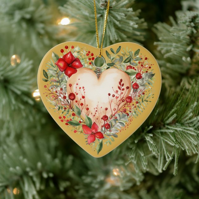 Personalised Message Colourful "Gold" Floral Heart Ceramic Tree Decoration (Tree)