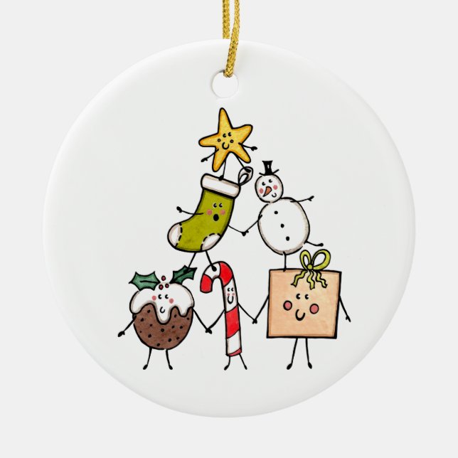 Personalised Message Cute Christmas Characters Ceramic Tree Decoration (Front)