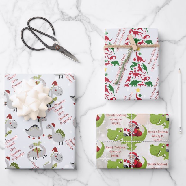 Personalised message template dinosaur Christmas Wrapping Paper Sheet (Front)
