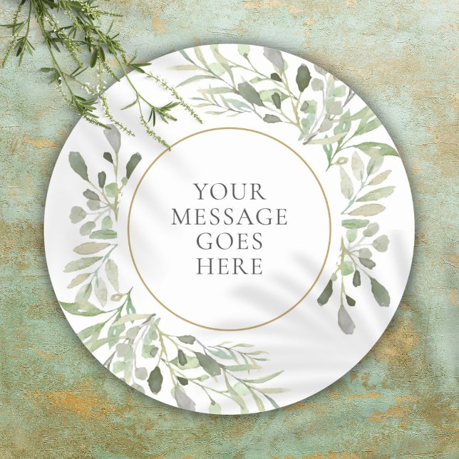 Personalised Message Watercolor Greenery Classic Round Sticker (Personalized Message Watercolor Greenery Classic Round Sticker)