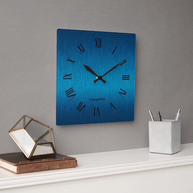 Personalised Metallic blue roman numerals Square Wall Clock (Office)