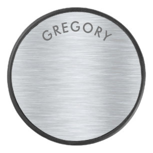 Personalised metallic grey texture monogram hockey puck
